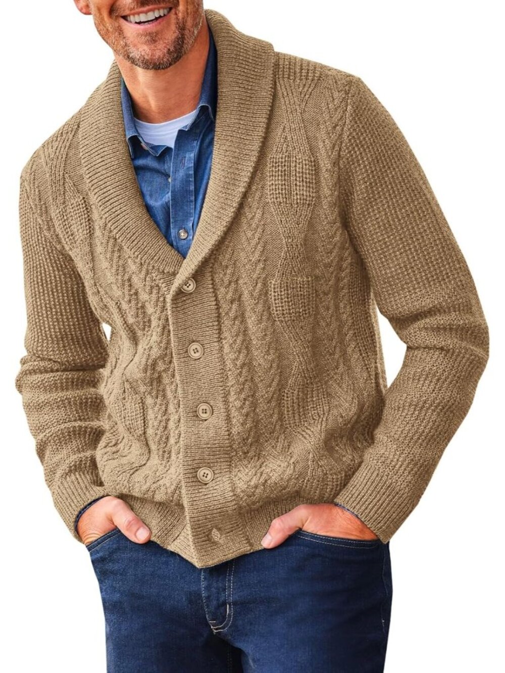 🆕Men's Khaki Shawl Collar Cardigan Sweater Cable Knit Casual Winter Outwear